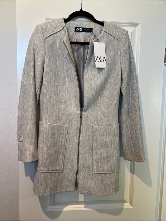 Zara Jackets & Blazers - Zara Light Gray Longline Coat Women’s Zip Front Minimalist Midi Jacket Size Med